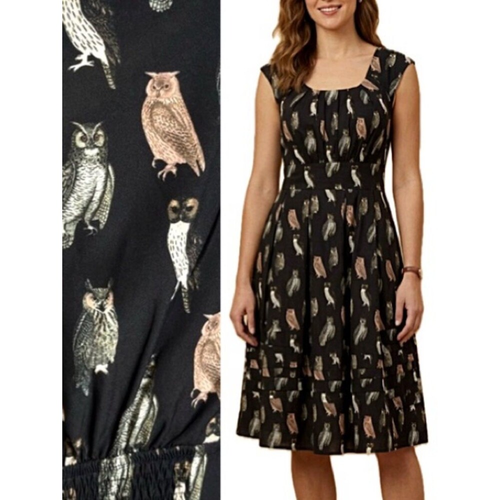 Eshakti Owl Print Pleated Midi Dress Womens Size 4 Small Black Sleeveless A-Line